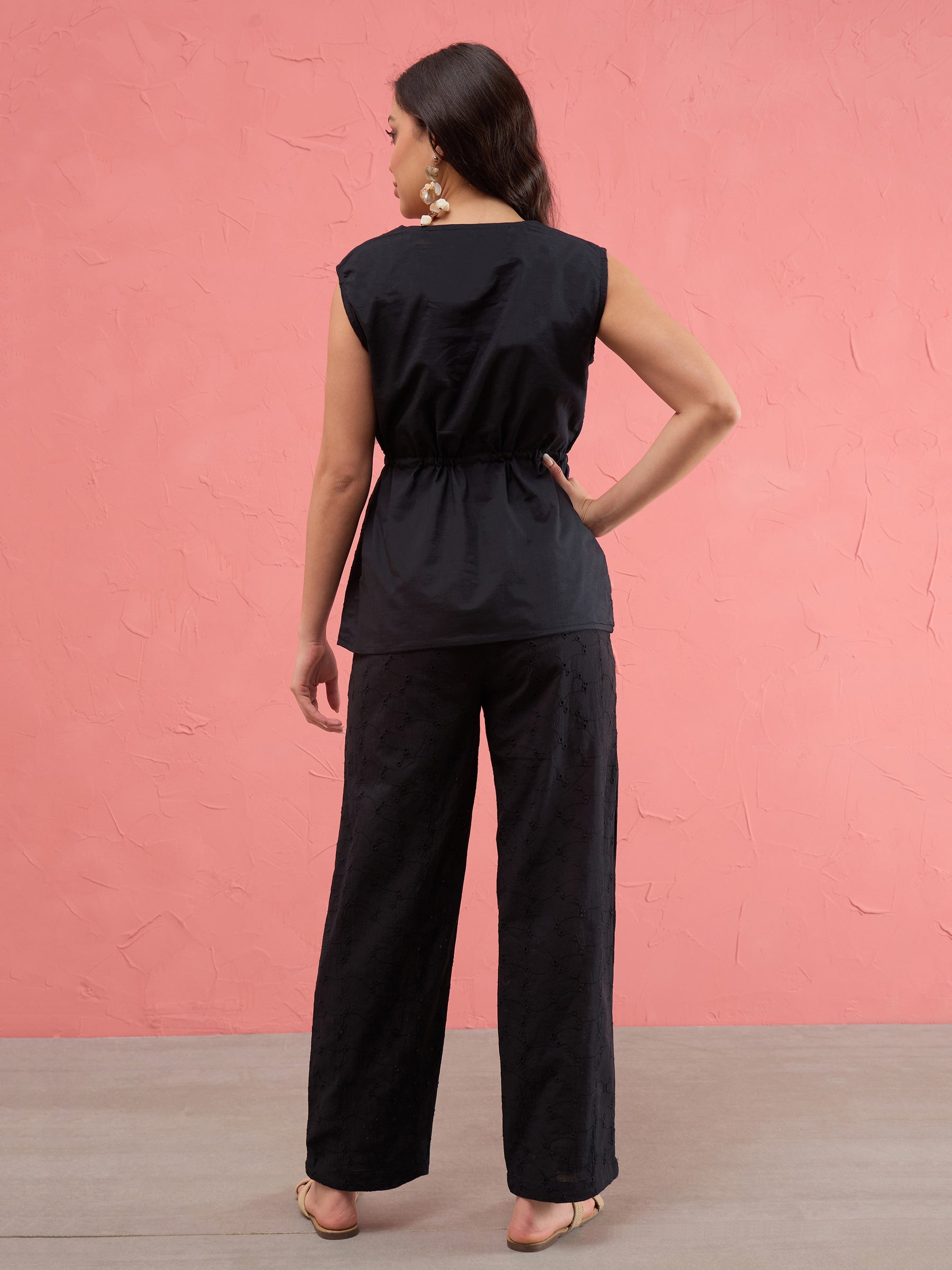 Women Black Schiffli Front Zipper Top With Straight Pants