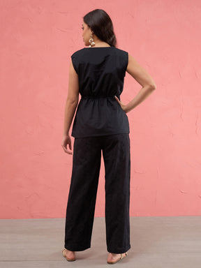 Women Black Schiffli Front Zipper Top With Straight Pants