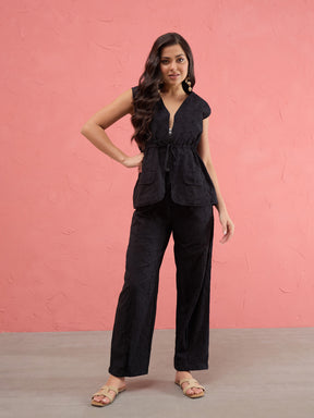 Women Black Schiffli Front Zipper Top With Straight Pants