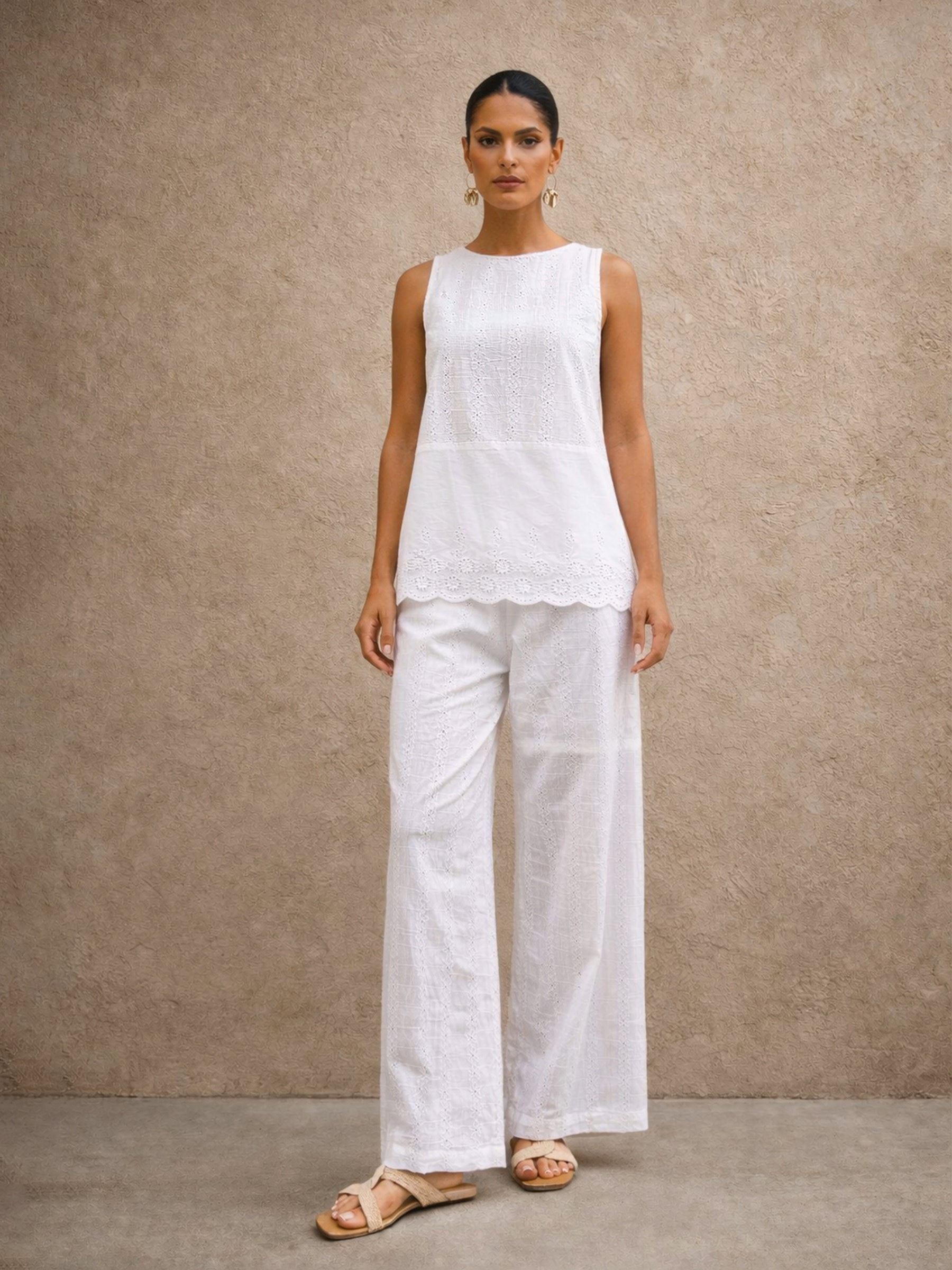 White Sleeveless A-Line Top With Straight Pants-SASSAFRAS
