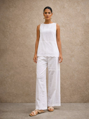 White Sleeveless A-Line Top With Straight Pants-SASSAFRAS