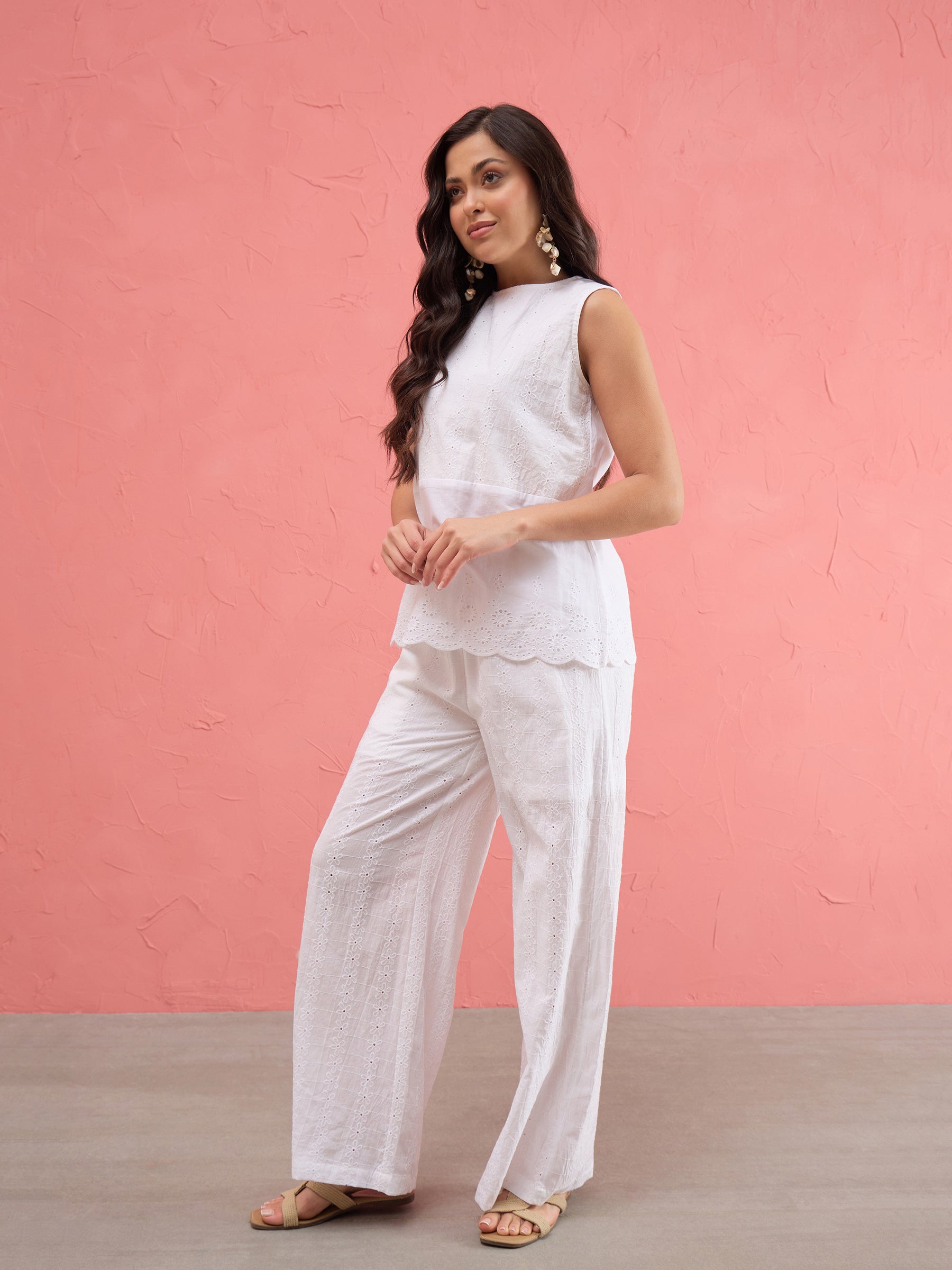 White Sleeveless A-Line Top With Straight Pants-SASSAFRAS