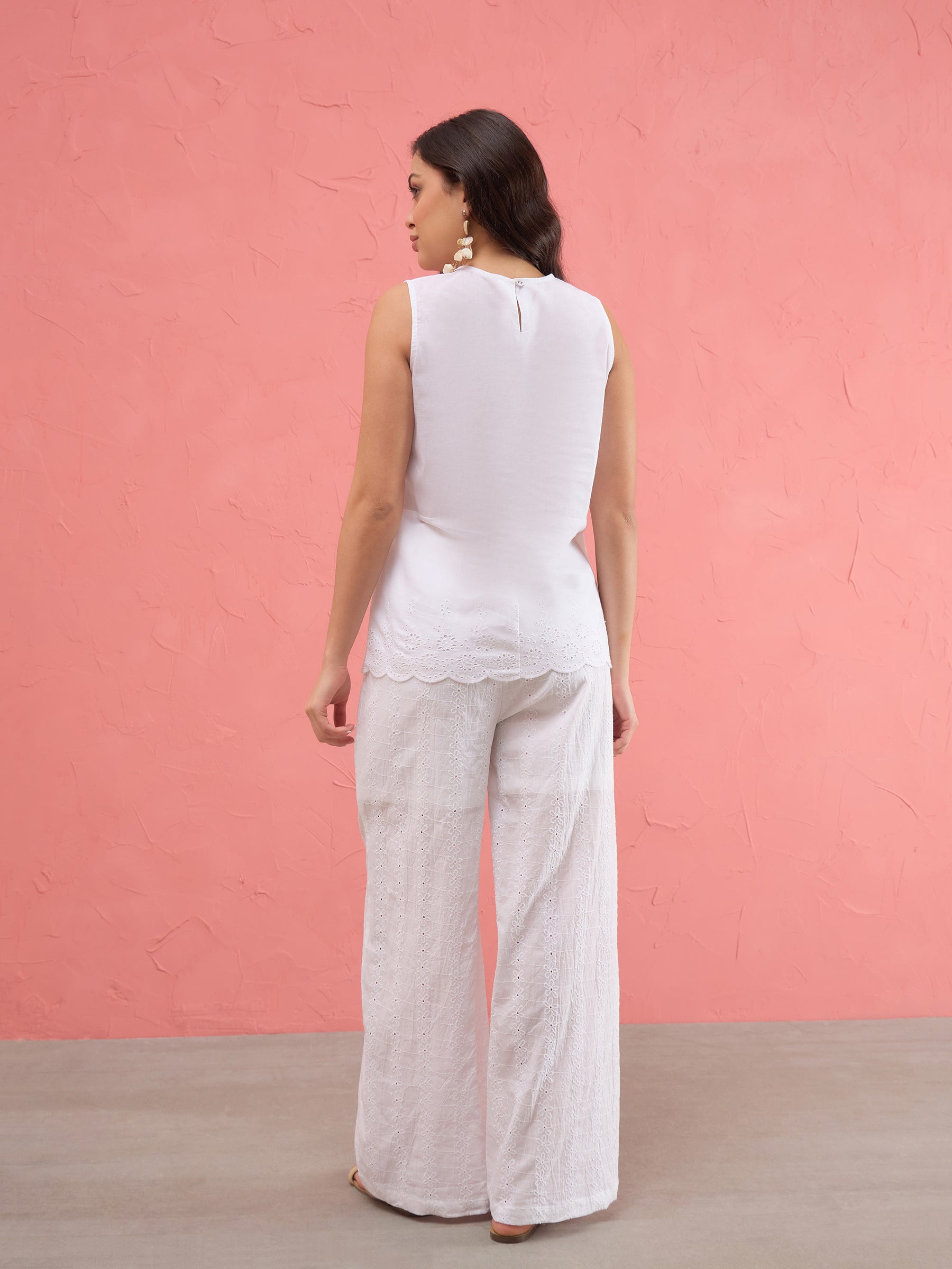 Women White Sleeveless A-Line Top With Straight Pants