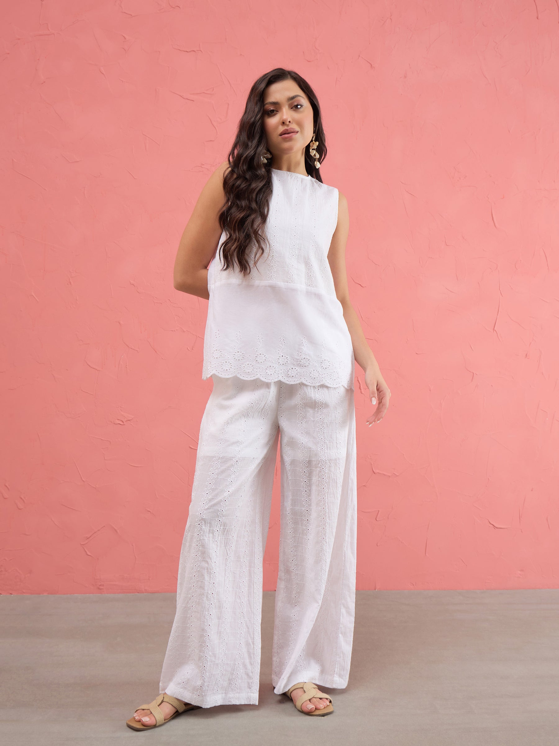 Women White Sleeveless A-Line Top With Straight Pants