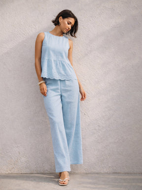 Blue Sleeveless A-Line Top With Straight Pants-SASSAFRAS