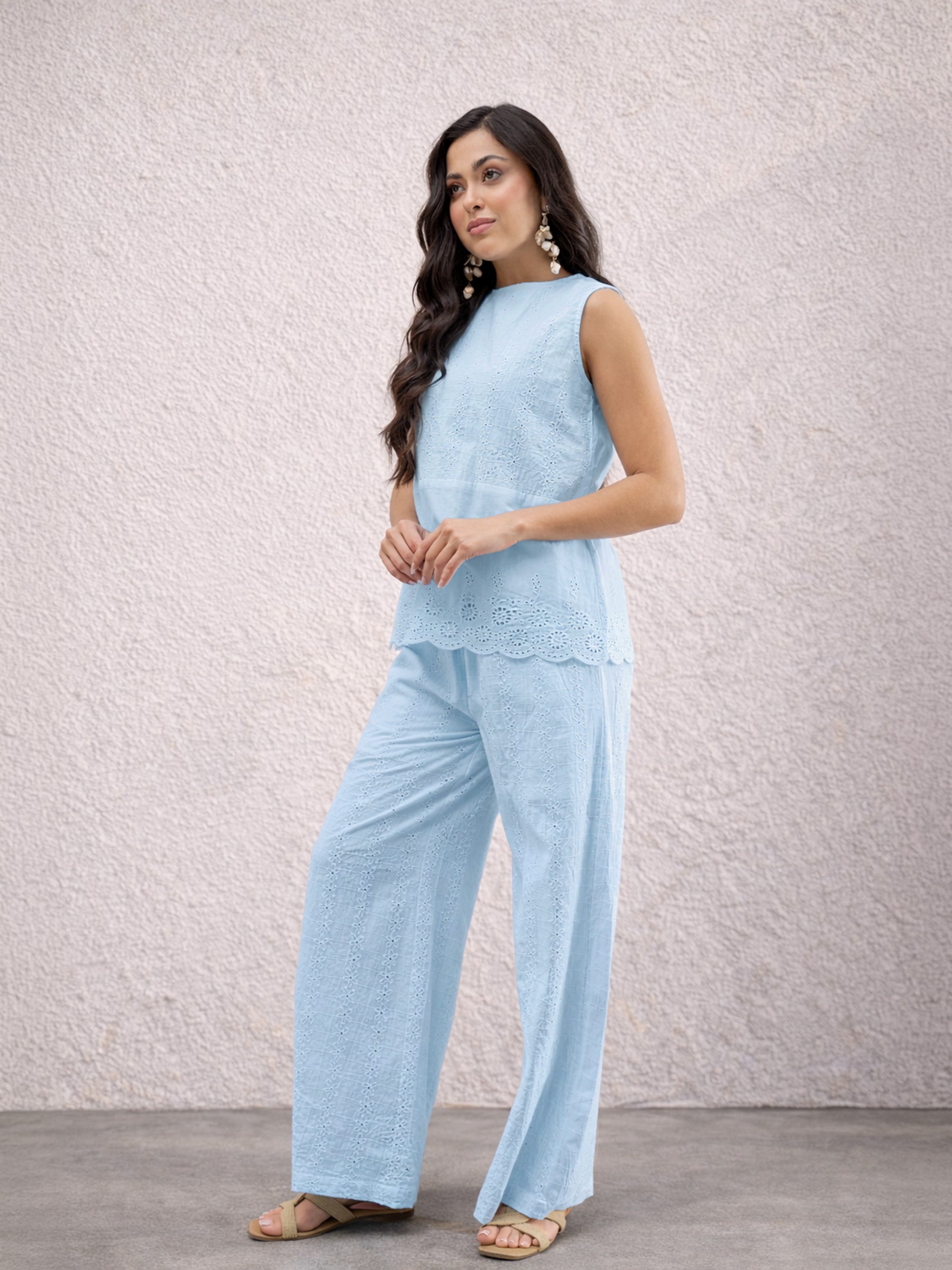 Blue Sleeveless A-Line Top With Straight Pants-SASSAFRAS
