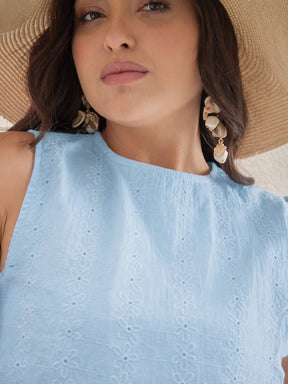 Women Blue Sleeveless A-Line Top With Straight Pants