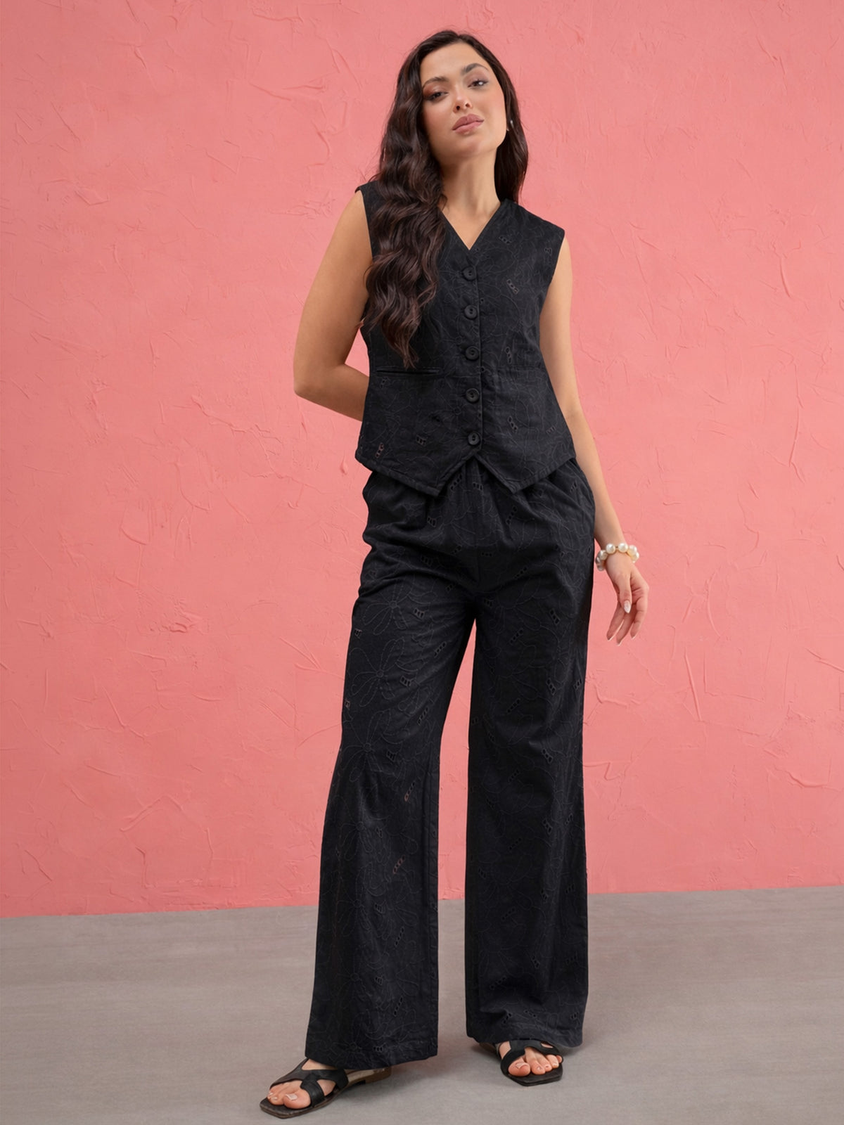 Black Schiffi Waist Top With Straight Pants-SASSAFRAS