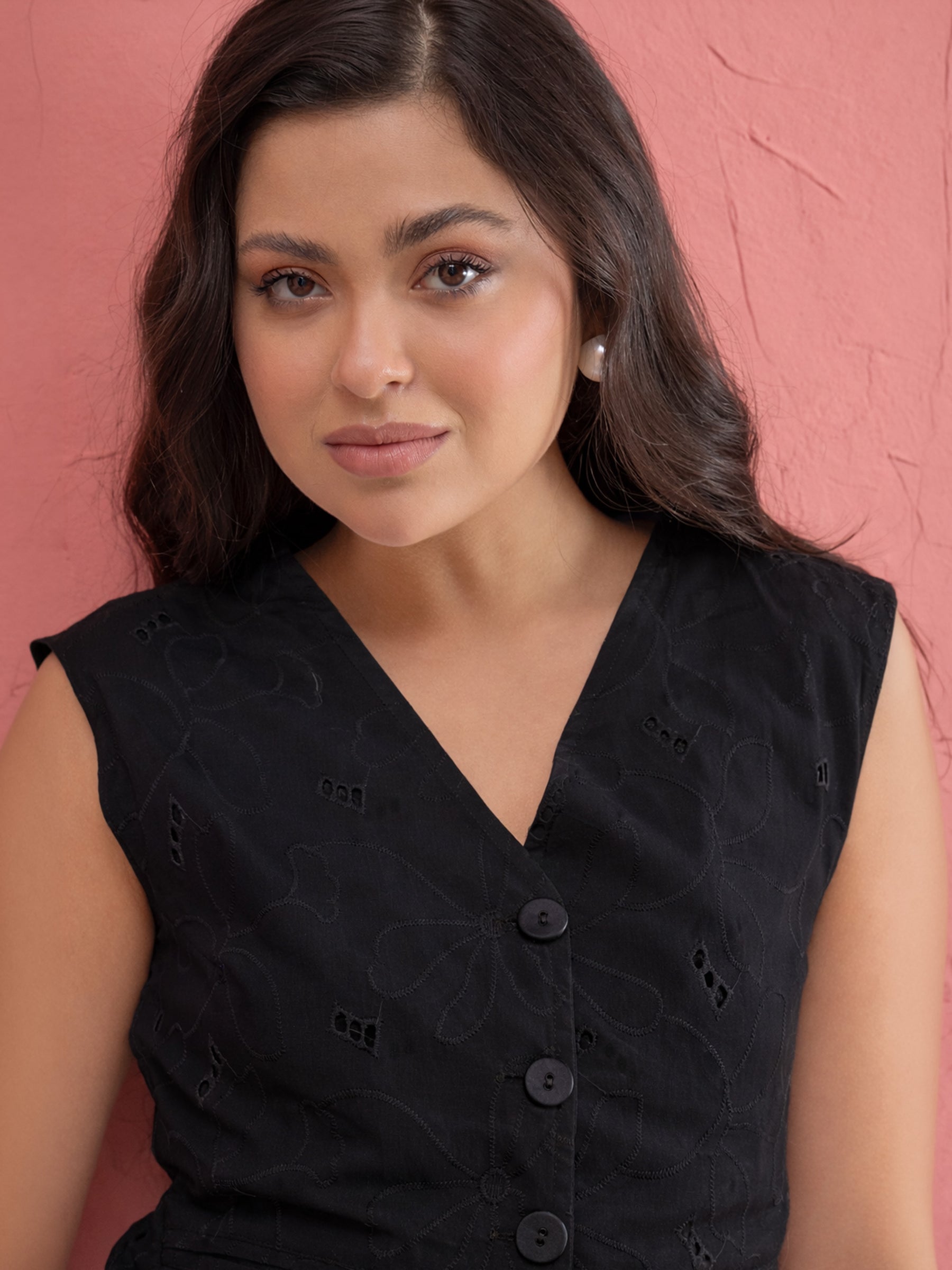 Black Schiffi Waist Top With Straight Pants-SASSAFRAS