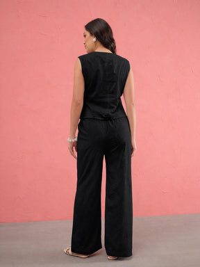 Women Black Schiffi Waist Top With Straight Pants