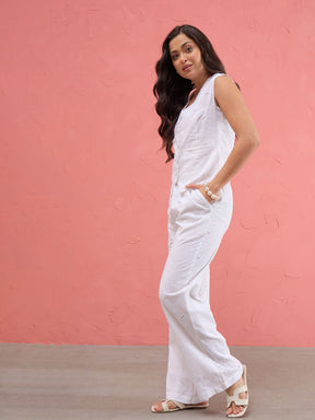 White Schiffi Waist Top With Straight Pants-SASSAFRAS