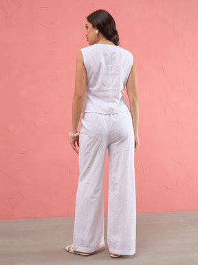 Women White Schiffi Waist Top With Straight Pants