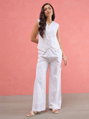 Women White Schiffi Waist Top With Straight Pants