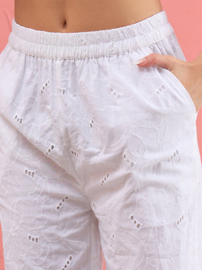 Women White Schiffi Waist Top With Straight Pants