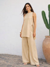 Beige Long Line Top With Straight Wide Leg Pants-SASSAFRAS