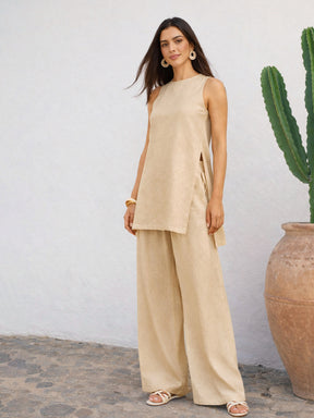 Beige Long Line Top With Straight Wide Leg Pants-SASSAFRAS