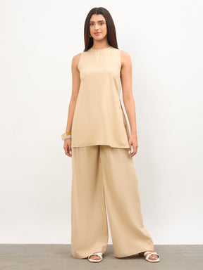 Beige Long Line Top With Straight Wide Leg Pants-SASSAFRAS