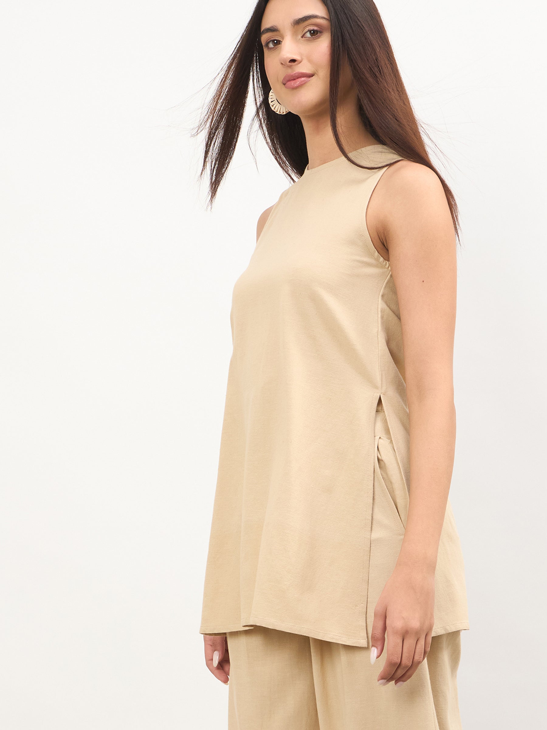 Beige Long Line Top With Straight Wide Leg Pants-SASSAFRAS