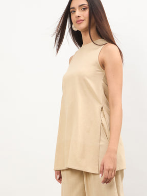 Beige Long Line Top With Straight Wide Leg Pants-SASSAFRAS