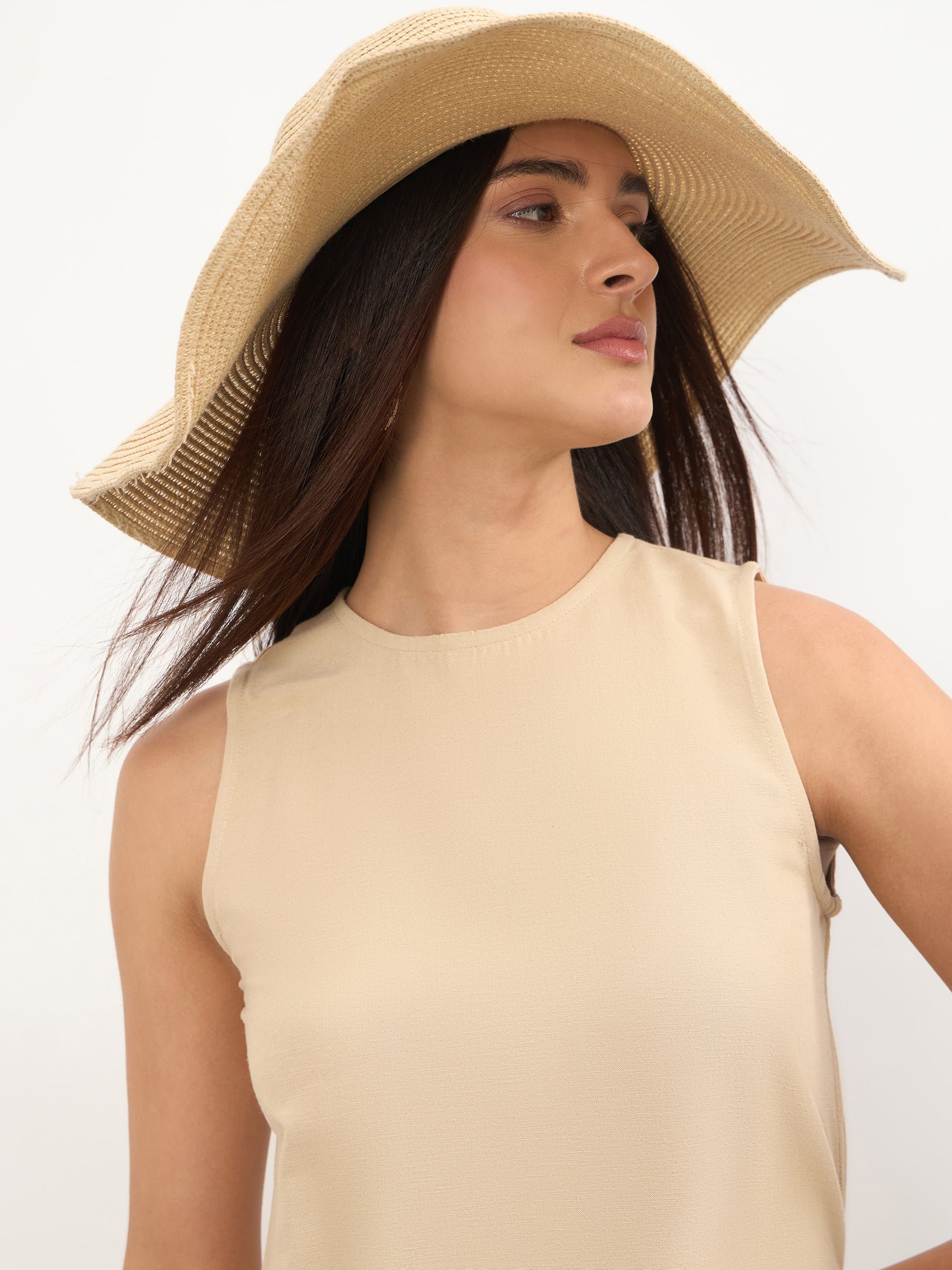 Beige Long Line Top With Straight Wide Leg Pants-SASSAFRAS
