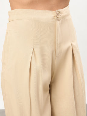 Beige Long Line Top With Straight Wide Leg Pants-SASSAFRAS