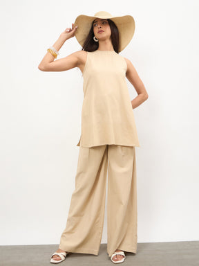 Women Beige Long Line Top With Straight Wide Leg Pants