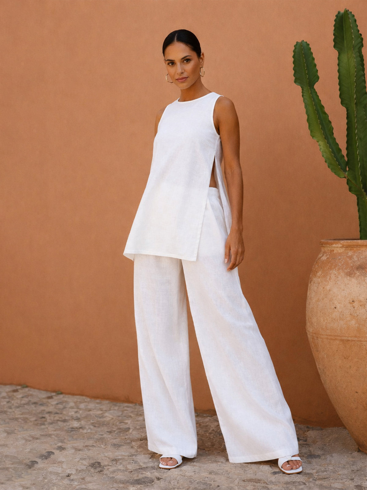 White Long Line Top With Straight Wide Leg Pants-SASSAFRAS