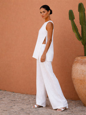 White Long Line Top With Straight Wide Leg Pants-SASSAFRAS