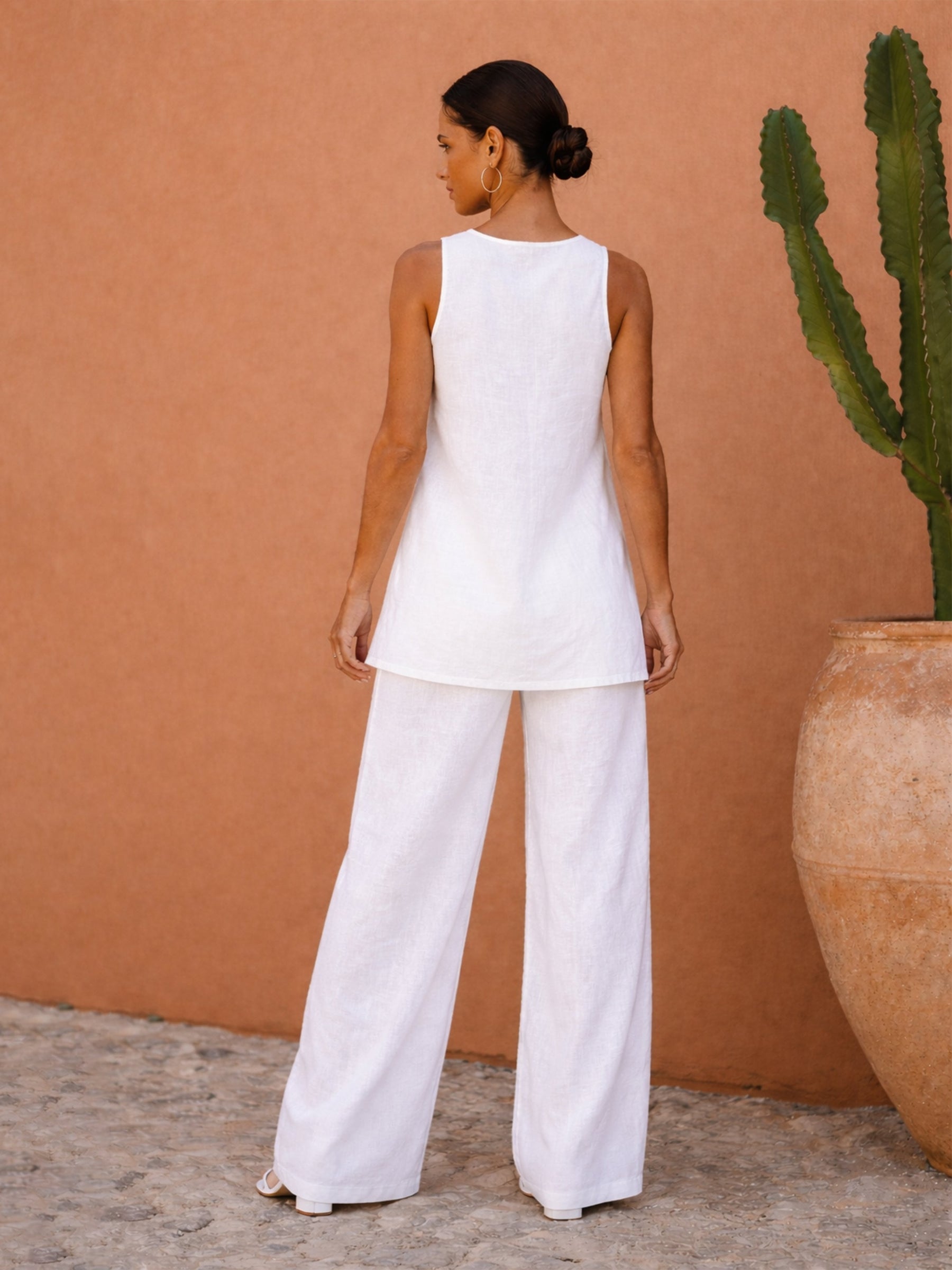Women White Long Line Top With Straight Wide Leg Pants
