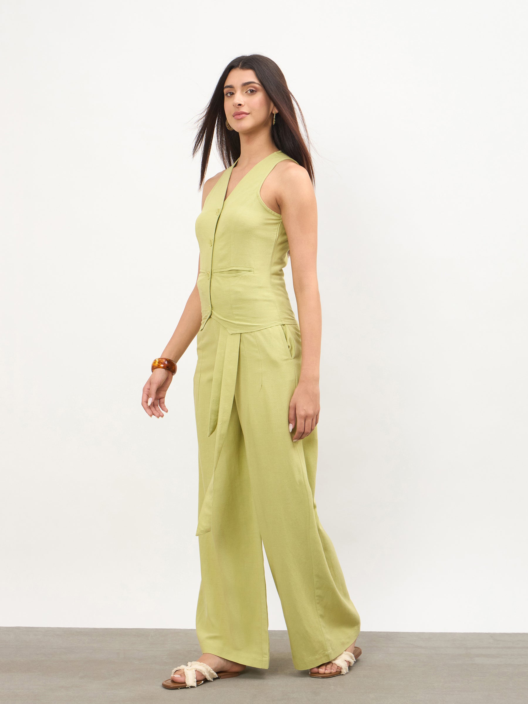 Green Vest Top With Belted Straight Pants-SASSAFRAS
