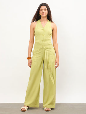 Women Green Vest Top With Belted Straight Pants