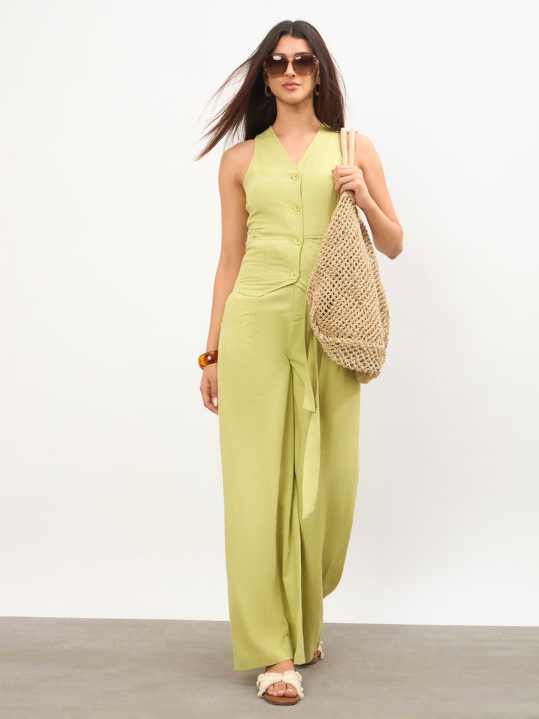 Women Green Vest Top With Belted Straight Pants