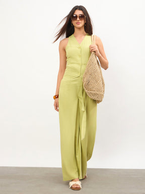 Women Green Vest Top With Belted Straight Pants