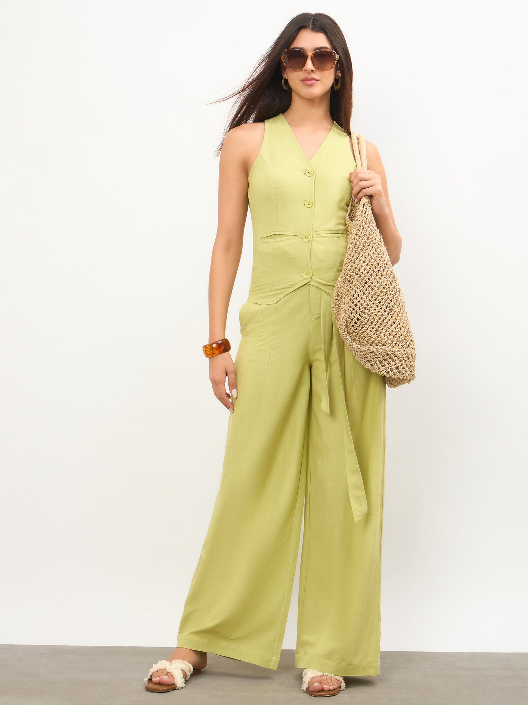 Women Green Vest Top With Belted Straight Pants