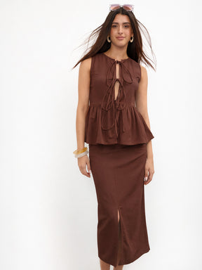 Brown Front Knot Peplum Top With Straight Skirt -SASSAFRAS