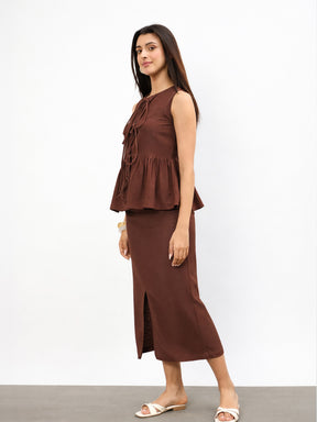 Brown Front Knot Peplum Top With Straight Skirt -SASSAFRAS