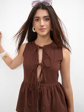 Brown Front Knot Peplum Top With Straight Skirt -SASSAFRAS