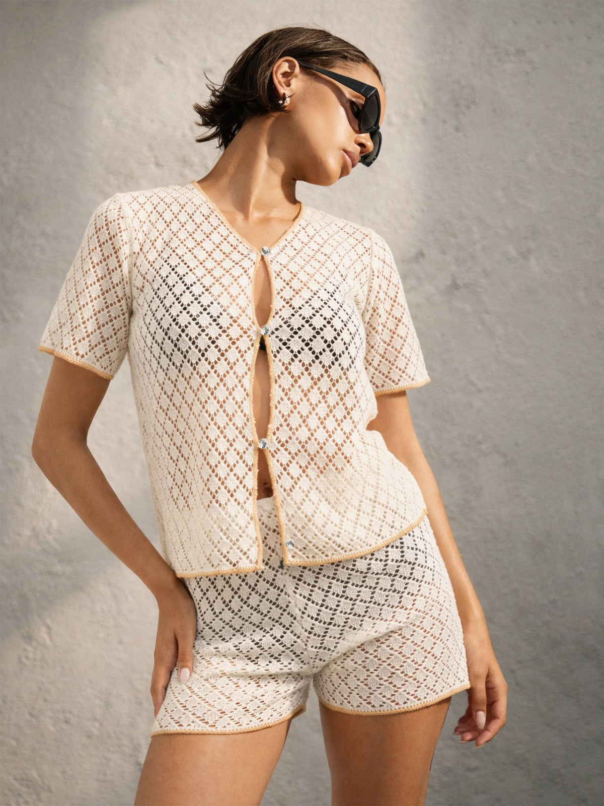 White Front Button Oversize Top With Shorts-SASSAFRAS