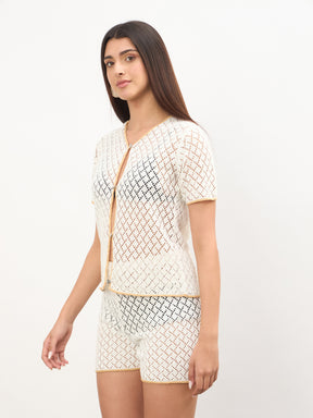 White Front Button Oversize Top With Shorts-SASSAFRAS
