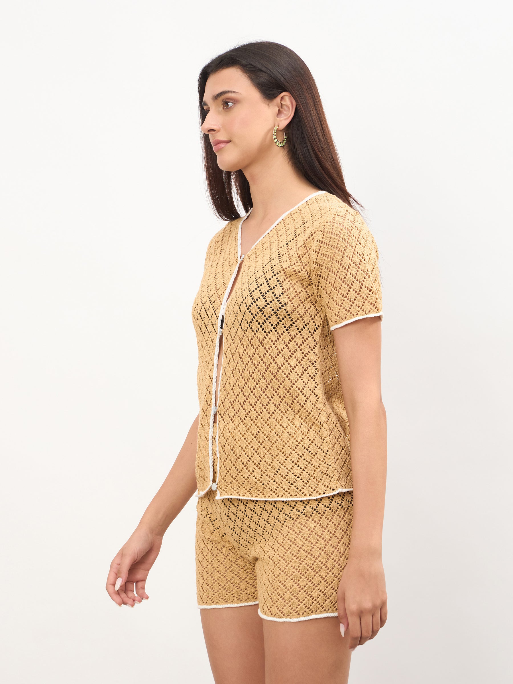 Beige Front Button Oversize Top With Shorts-SASSAFRAS