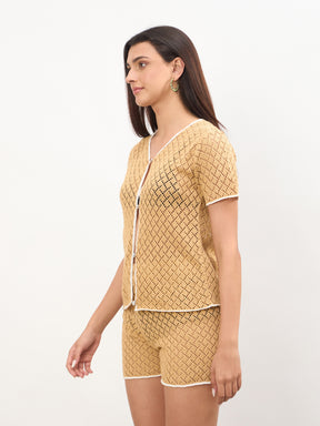 Beige Front Button Oversize Top With Shorts-SASSAFRAS