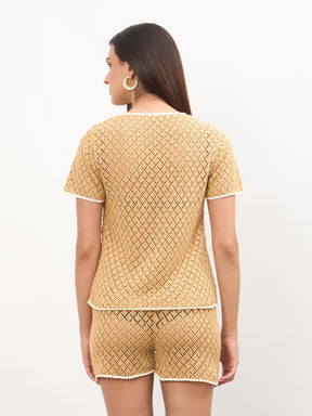 Women Beige Front Button Oversize Top With Shorts