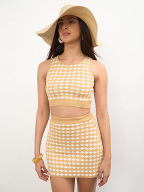 Women Beige & White Round Neck Crop Top With Mini Skirt
