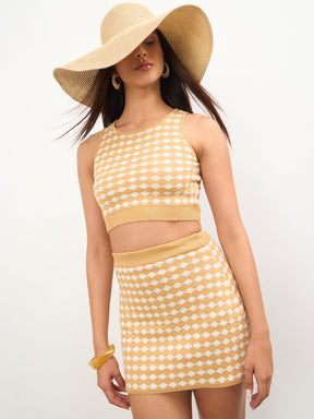 Women Beige & White Round Neck Crop Top With Mini Skirt