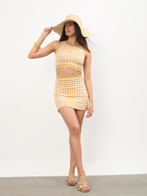 Beige & White Round Neck Crop Top With Mini Skirt-SASSAFRAS