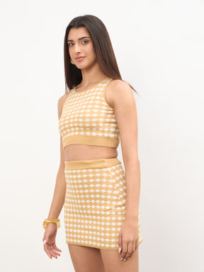 Beige & White Round Neck Crop Top With Mini Skirt-SASSAFRAS