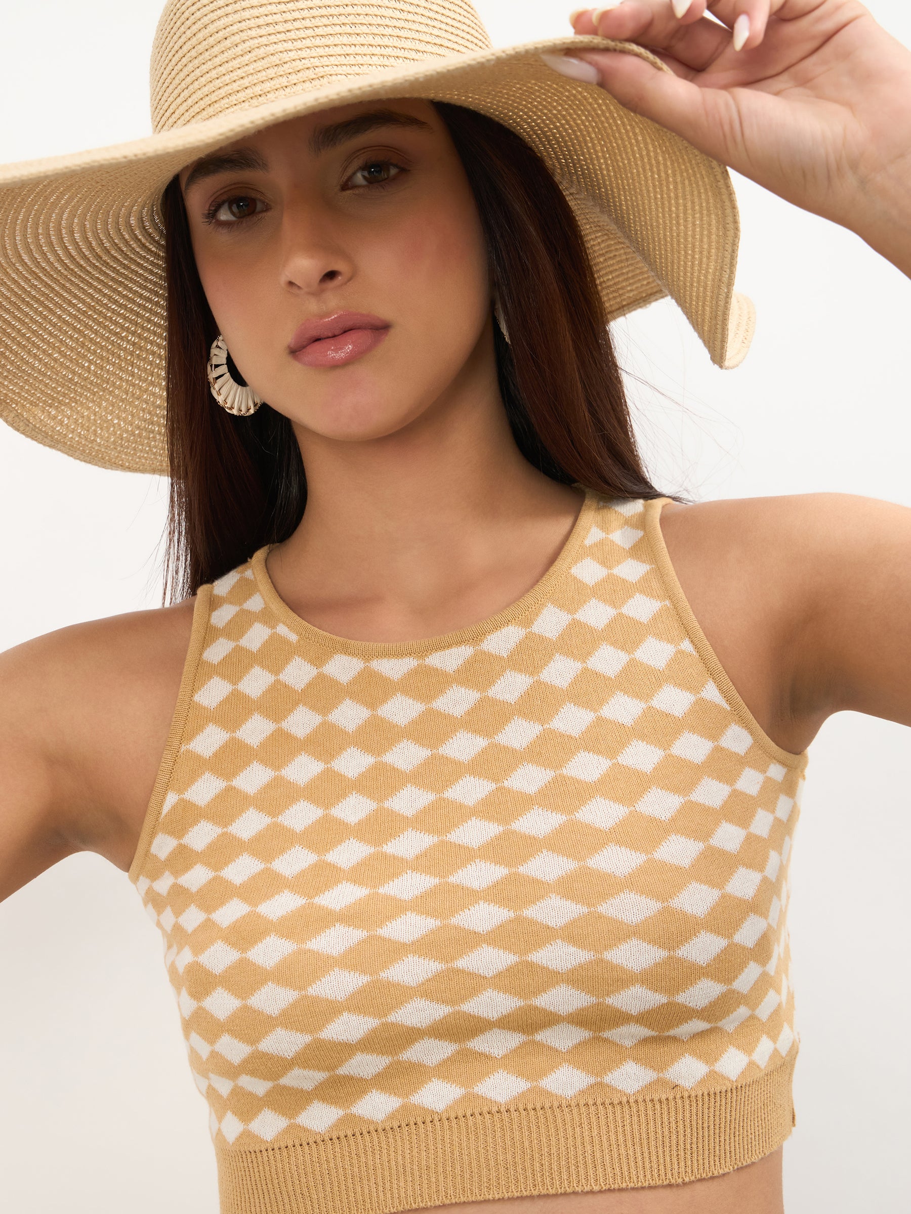 Beige & White Round Neck Crop Top With Mini Skirt-SASSAFRAS
