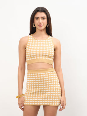 Women Beige & White Round Neck Crop Top With Mini Skirt