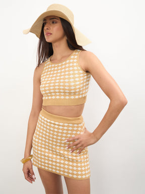 Women Beige & White Round Neck Crop Top With Mini Skirt