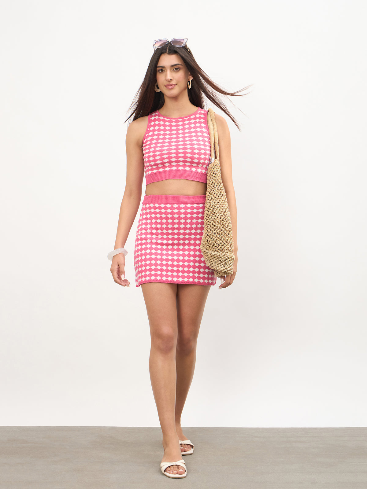 Pink & White Round Neck Crop Top With Mini Skirt-SASSAFRAS